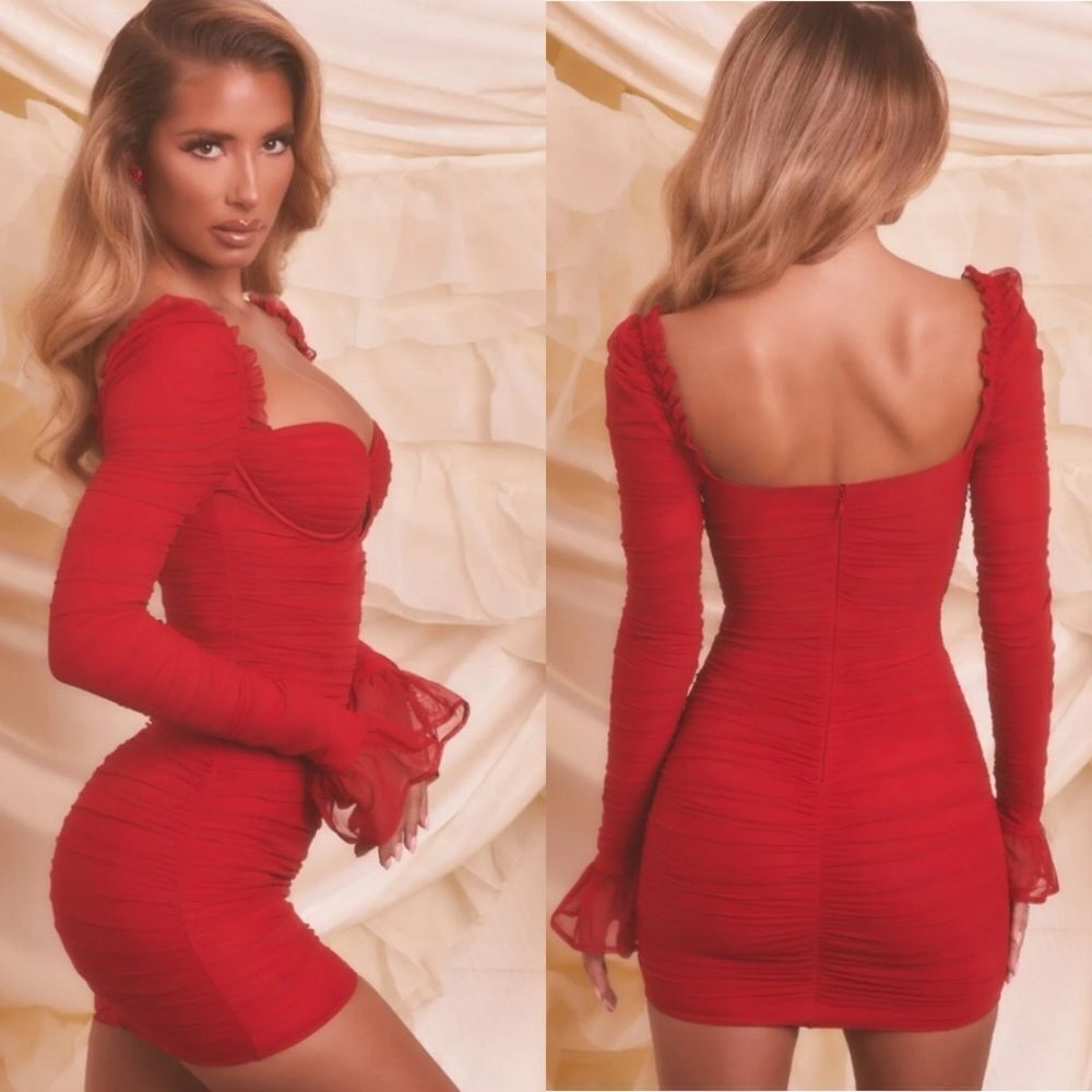 Oh Polly True For You Ruched Sexy Mesh Cut Out Mini Dress Red NEW Size 6