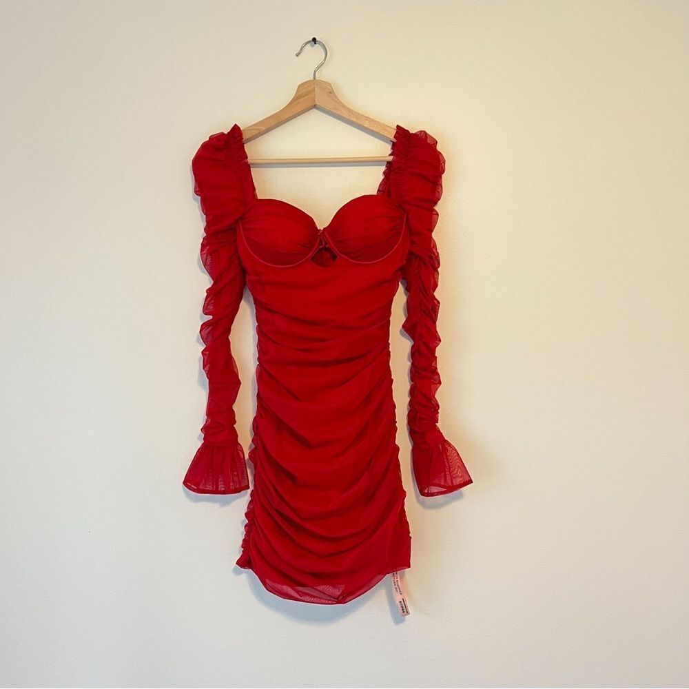 Oh Polly True For You Ruched Sexy Mesh Cut Out Mini Dress Red NEW Size 6