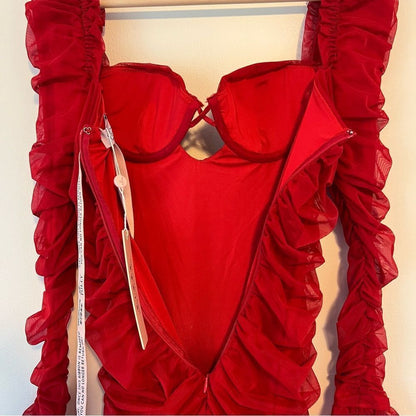 Oh Polly True For You Ruched Sexy Mesh Cut Out Mini Dress Red NEW Size 6