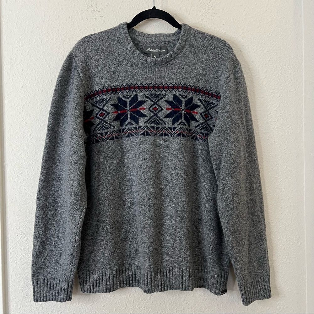 Eddie Bauer Fair Isle Wool Blend Crew Neck Sweater Size XL in Gray