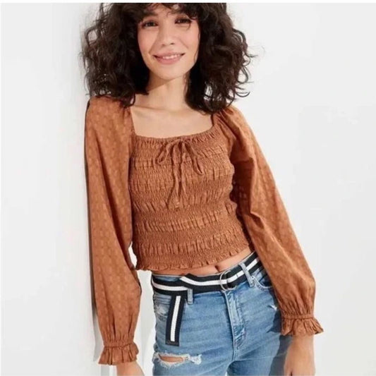 American Eagle Smocked Blouse NEW Brown Puff Long Sleeve Size Medium Square Neck
