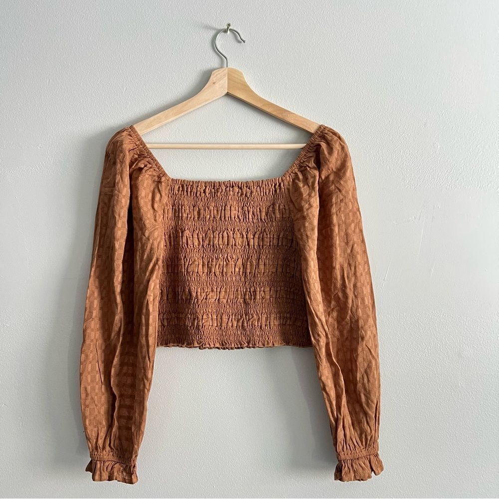 American Eagle Smocked Blouse NEW Brown Puff Long Sleeve Size Medium Square Neck