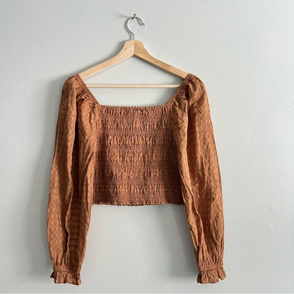 American Eagle Smocked Blouse NEW Brown Puff Long Sleeve Size Medium Square Neck