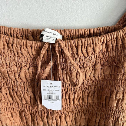 American Eagle Smocked Blouse NEW Brown Puff Long Sleeve Size Medium Square Neck