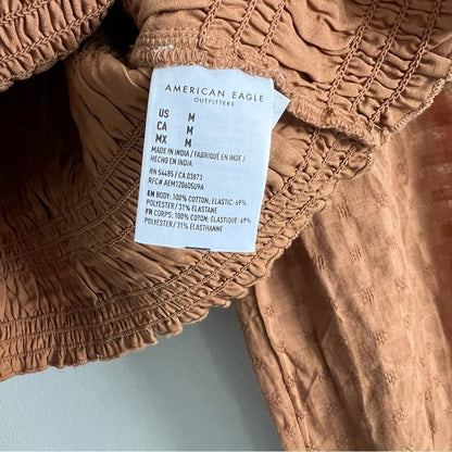 American Eagle Smocked Blouse NEW Brown Puff Long Sleeve Size Medium Square Neck