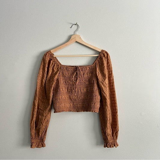 American Eagle Smocked Blouse NEW Brown Puff Long Sleeve Size Medium Square Neck