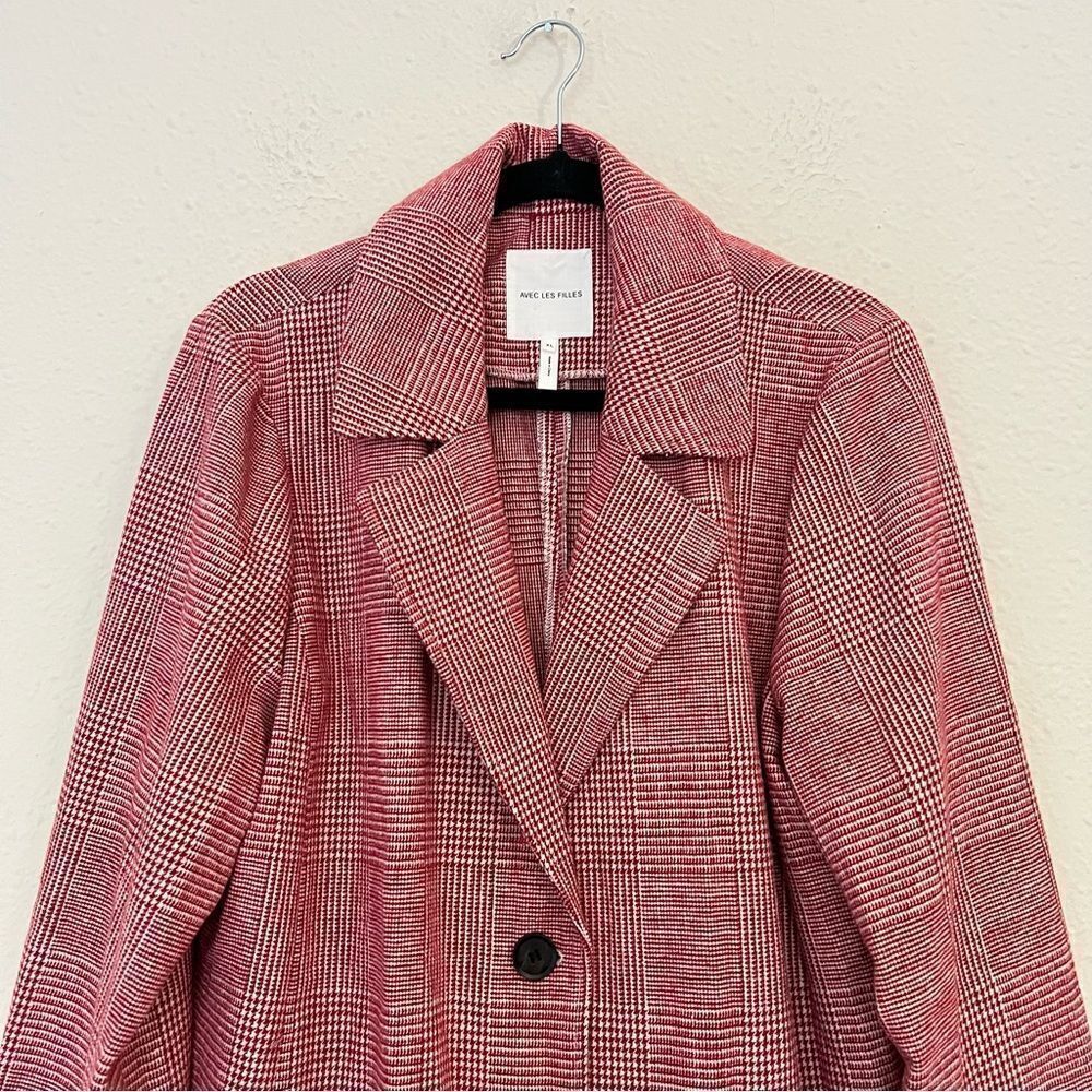 Anthropologie Avec Les Filles Red Houndstooth Plaid Longline Blazer NEW Size XL
