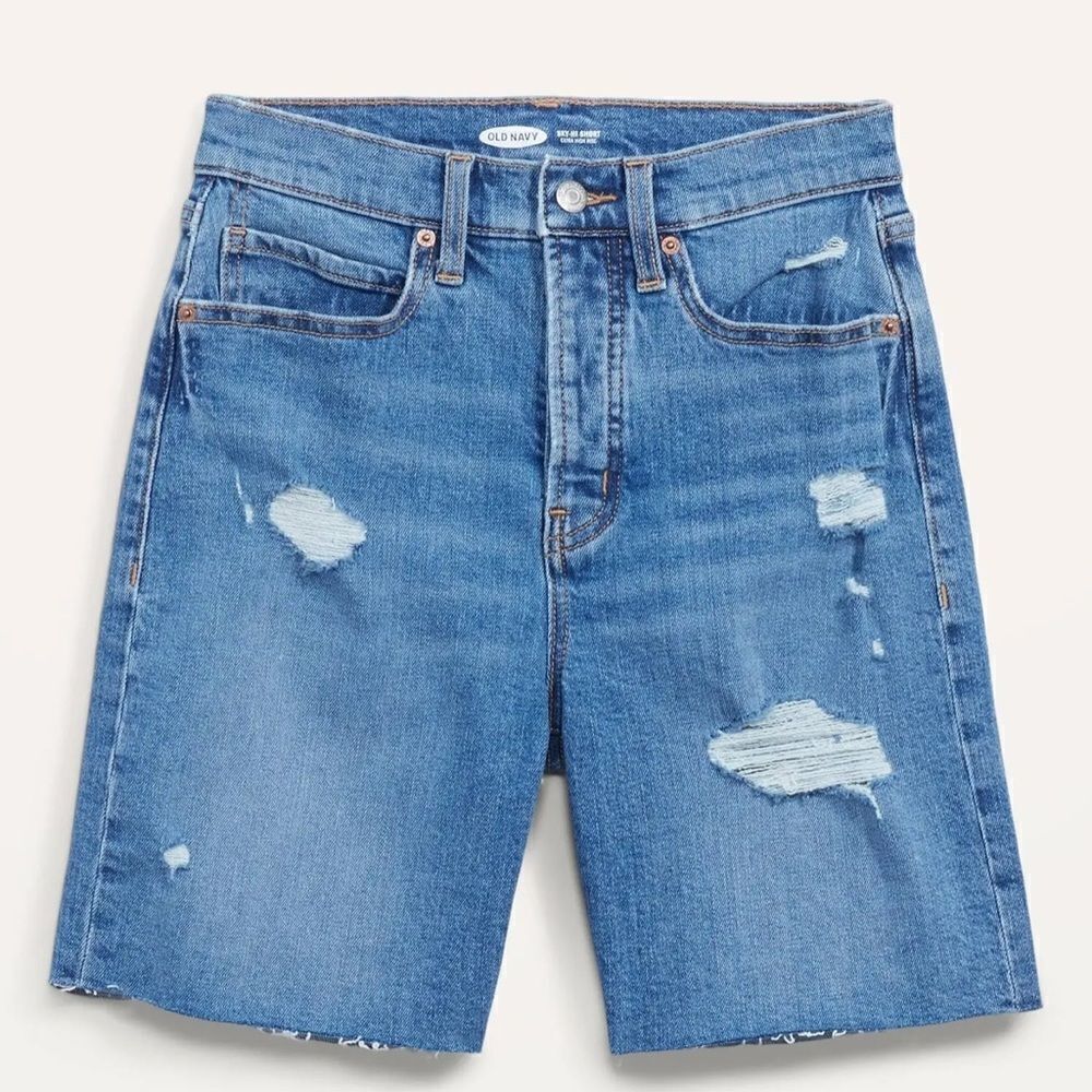 Old Navy Extra High Waisted Straight Button Fly Cut-Off Ripped Jean Shorts