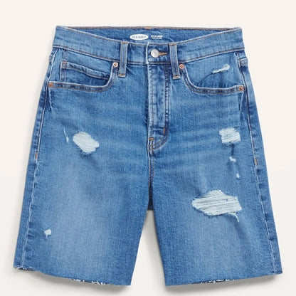 Old Navy Extra High Waisted Straight Button Fly Cut-Off Ripped Jean Shorts