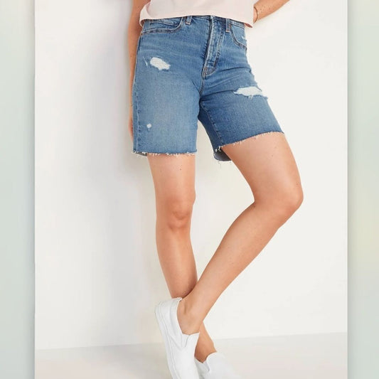 Old Navy Extra High Waisted Straight Button Fly Cut-Off Ripped Jean Shorts