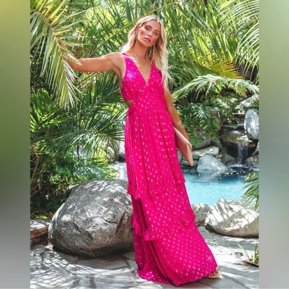 En Creme Pink Metallic Ruffled Maxi Dress Size Medium NEW
