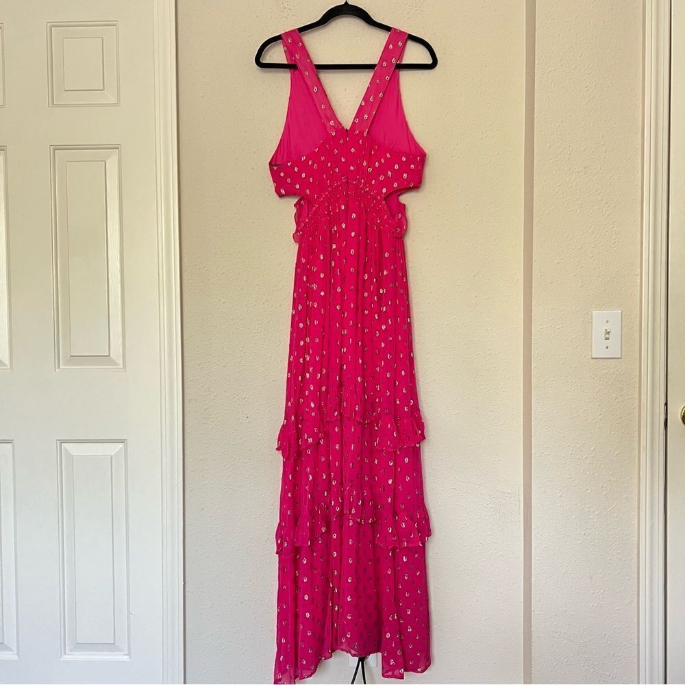 En Creme Pink Metallic Ruffled Maxi Dress Size Medium NEW