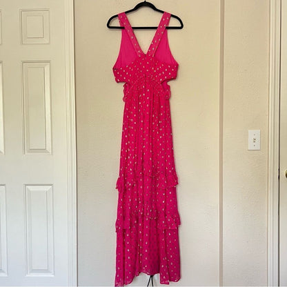 En Creme Pink Metallic Ruffled Maxi Dress Size Medium NEW