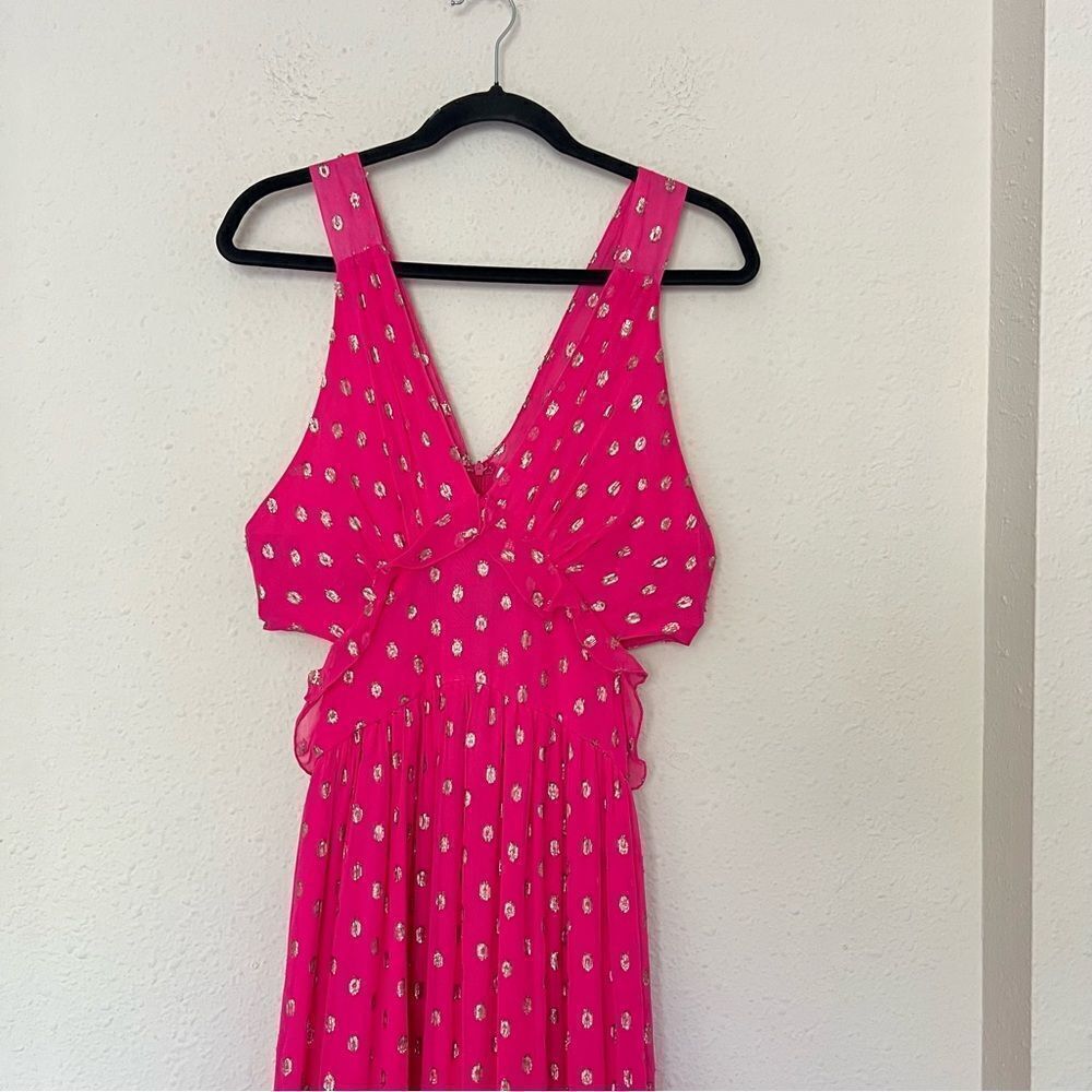En Creme Pink Metallic Ruffled Maxi Dress Size Medium NEW