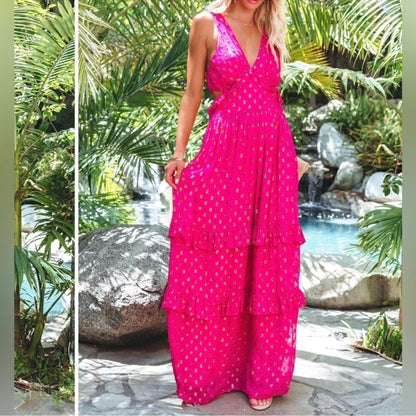 En Creme Pink Metallic Ruffled Maxi Dress Size Medium NEW