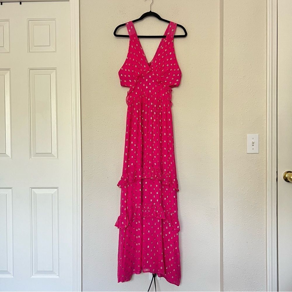 En Creme Pink Metallic Ruffled Maxi Dress Size Medium NEW