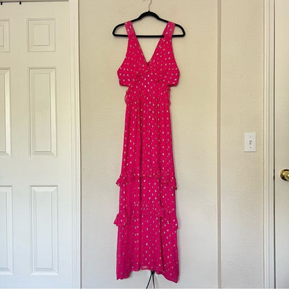 En Creme Pink Metallic Ruffled Maxi Dress Size Medium NEW