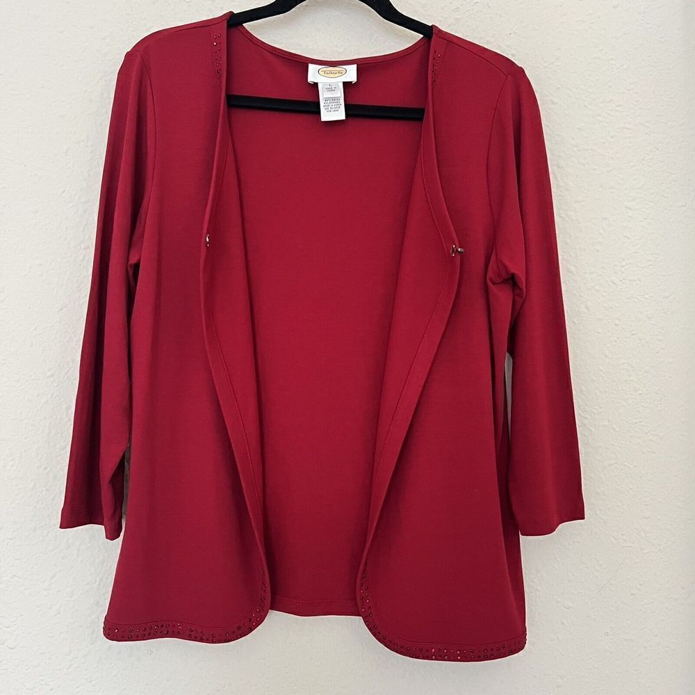 Talbots Open Front Rhinestone Embellishment Cardigan Blouse in Red Size Large