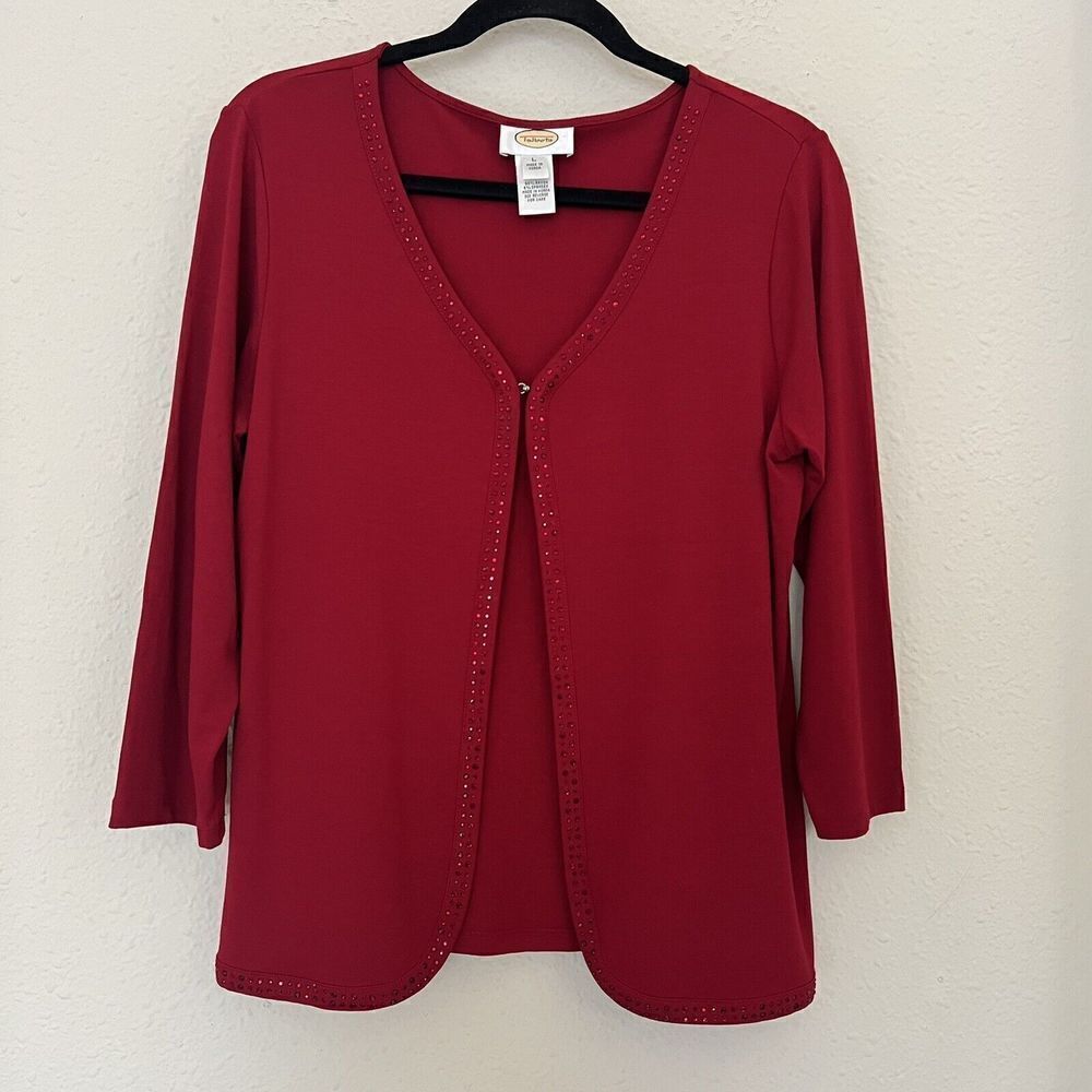 Talbots Open Front Rhinestone Embellishment Cardigan Blouse in Red Size Large