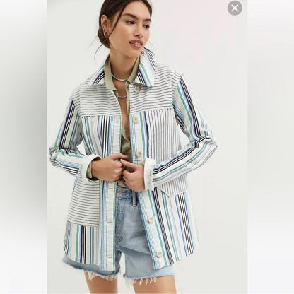 Anthropologie Maeve Striped Button Down Shacket Shirt Jacket NEW Size Medium