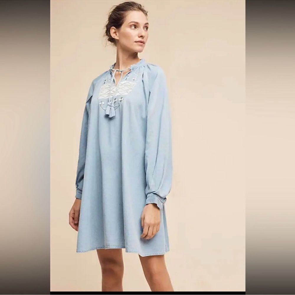 Anthropologie Ne Quittez Pas Denim Tassel Embroidered Swing Dress NEW Size M