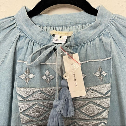 Anthropologie Ne Quittez Pas Denim Tassel Embroidered Swing Dress NEW Size M