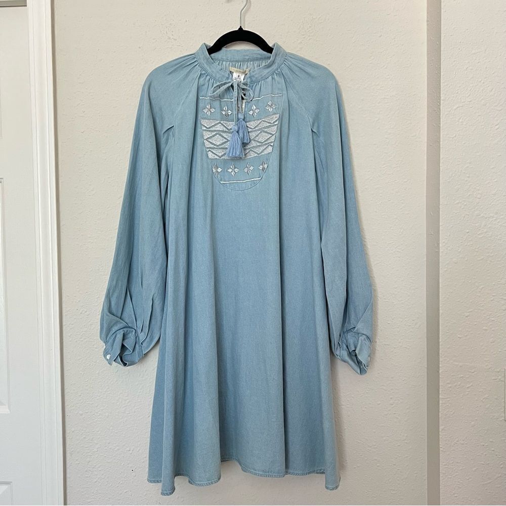 Anthropologie Ne Quittez Pas Denim Tassel Embroidered Swing Dress NEW Size M