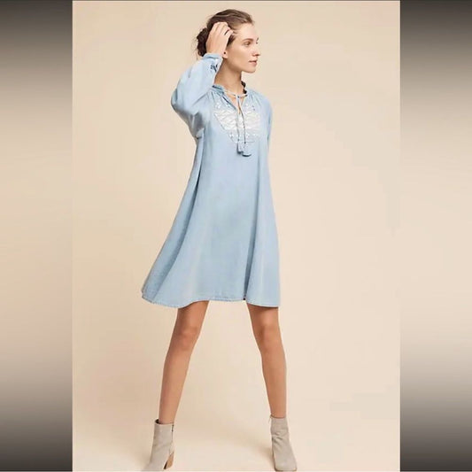 Anthropologie Ne Quittez Pas Denim Tassel Embroidered Swing Dress NEW Size M