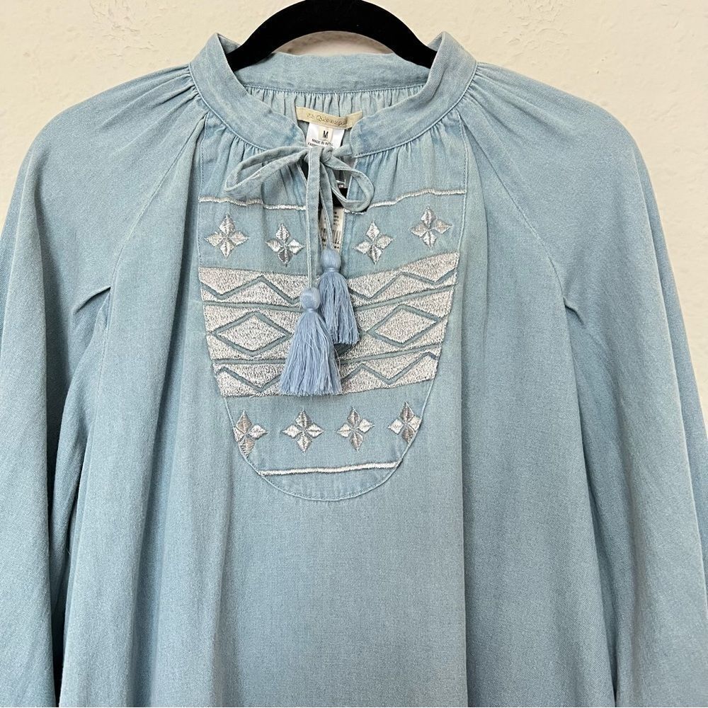 Anthropologie Ne Quittez Pas Denim Tassel Embroidered Swing Dress NEW Size M