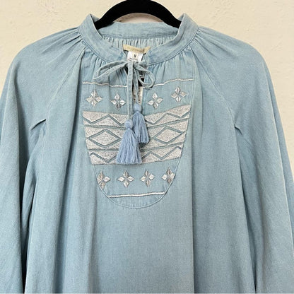 Anthropologie Ne Quittez Pas Denim Tassel Embroidered Swing Dress NEW Size M