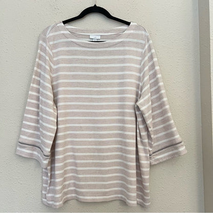 J.Jill Striped Knit Top Size XL Boat Neck 3/4 Sleeve Cream Neutral