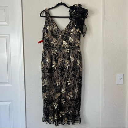 Mac Duggal Floral Embellished V-Neck Midi Dress With Shoulder Bow NEW Size 12