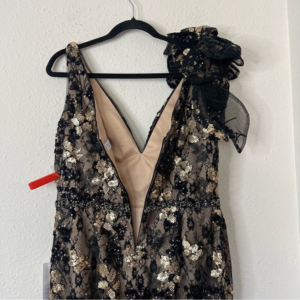 Mac Duggal Floral Embellished V-Neck Midi Dress With Shoulder Bow NEW Size 12