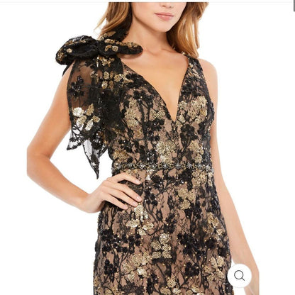 Mac Duggal Floral Embellished V-Neck Midi Dress With Shoulder Bow NEW Size 12