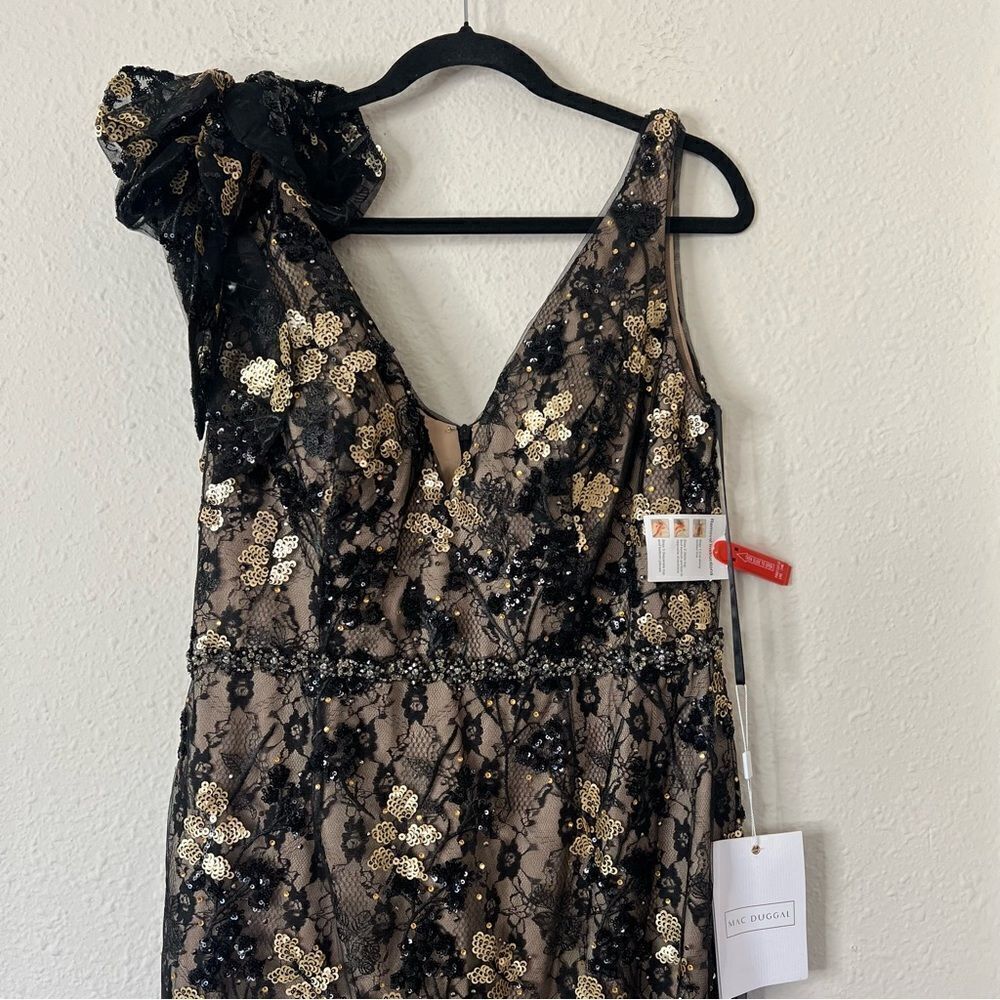 Mac Duggal Floral Embellished V-Neck Midi Dress With Shoulder Bow NEW Size 12
