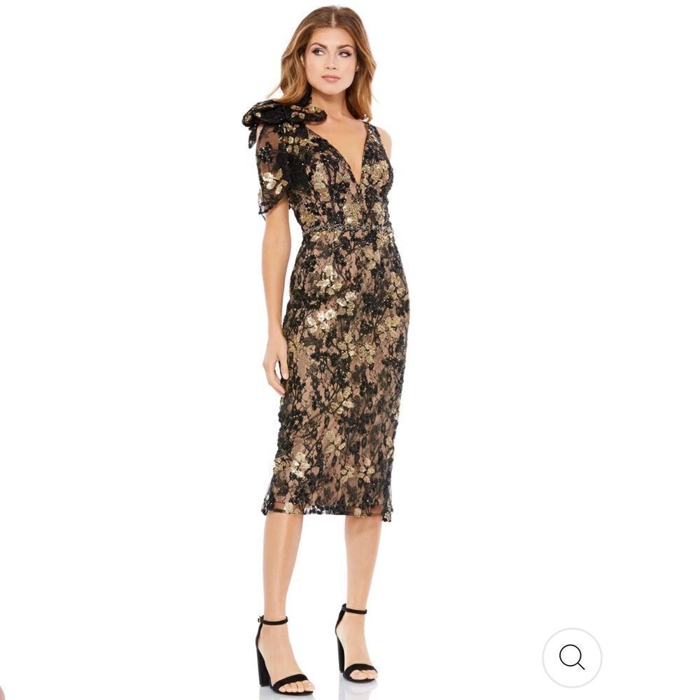 Mac Duggal Floral Embellished V-Neck Midi Dress With Shoulder Bow NEW Size 12