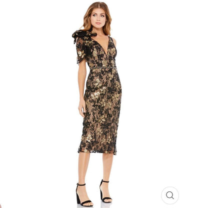 Mac Duggal Floral Embellished V-Neck Midi Dress With Shoulder Bow NEW Size 12