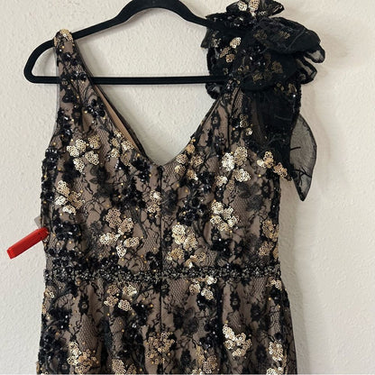 Mac Duggal Floral Embellished V-Neck Midi Dress With Shoulder Bow NEW Size 12