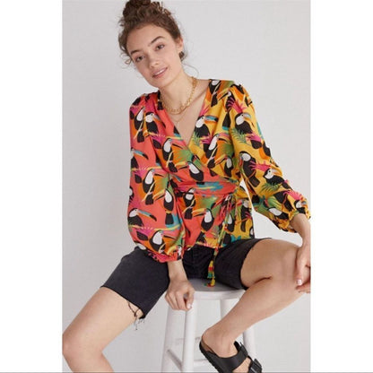 Farm Rio Anthropologie Rainforest Wrap Toucans Tropical Blouse