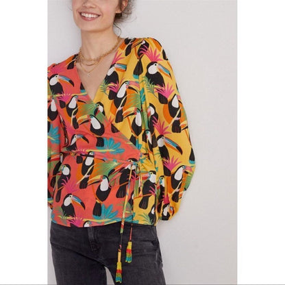 Farm Rio Anthropologie Rainforest Wrap Toucans Tropical Blouse