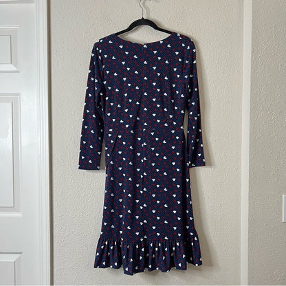Talbots Heart Print A-Line Jersey Sheath Dress Long Sleeve Navy Blue Size 6