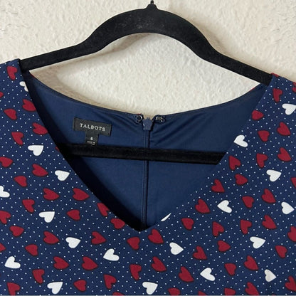 Talbots Heart Print A-Line Jersey Sheath Dress Long Sleeve Navy Blue Size 6