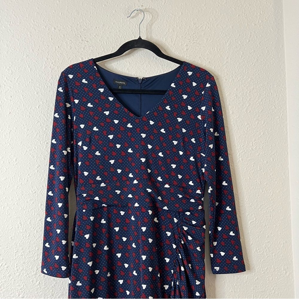 Talbots Heart Print A-Line Jersey Sheath Dress Long Sleeve Navy Blue Size 6