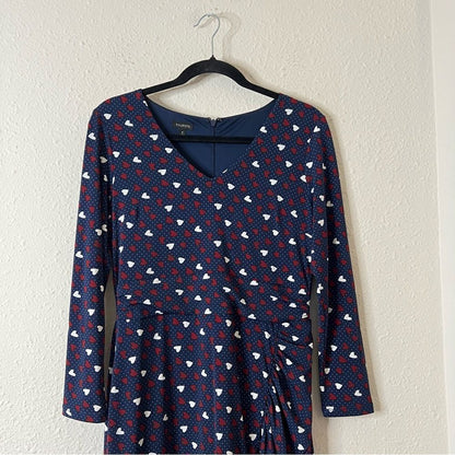 Talbots Heart Print A-Line Jersey Sheath Dress Long Sleeve Navy Blue Size 6