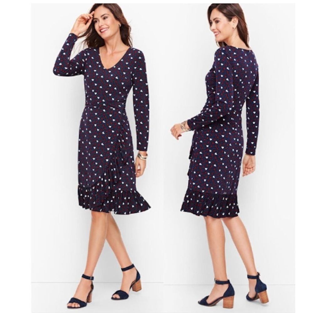 Talbots Heart Print A-Line Jersey Sheath Dress Long Sleeve Navy Blue Size 6