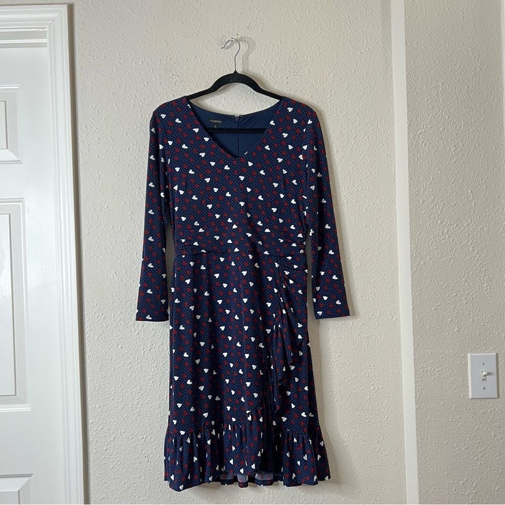 Talbots Heart Print A-Line Jersey Sheath Dress Long Sleeve Navy Blue Size 6