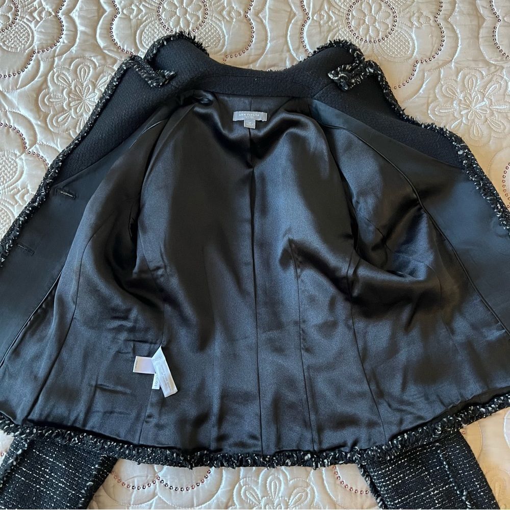 Ann Taylor Wool Blend Tweed Black Fringed Blazer Jacket Size 2 Petites