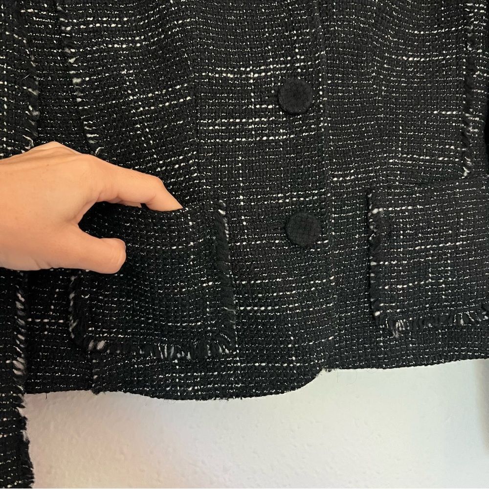 Ann Taylor Wool Blend Tweed Black Fringed Blazer Jacket Size 2 Petites