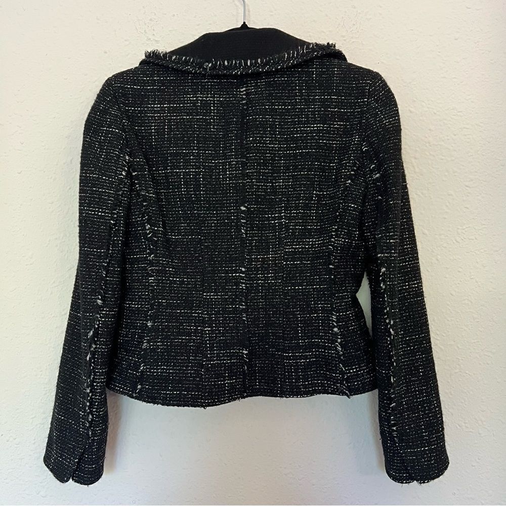 Ann Taylor Wool Blend Tweed Black Fringed Blazer Jacket Size 2 Petites
