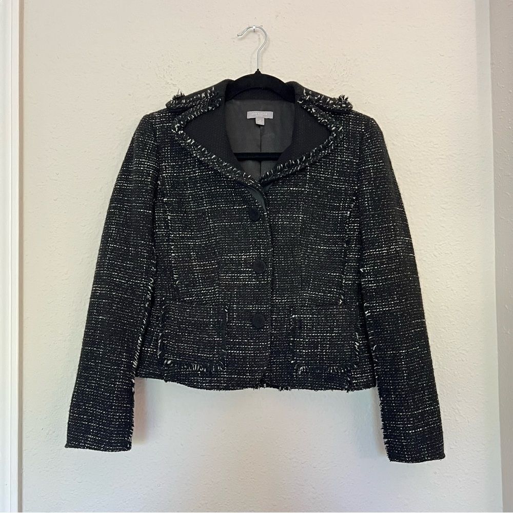 Ann Taylor Wool Blend Tweed Black Fringed Blazer Jacket Size 2 Petites